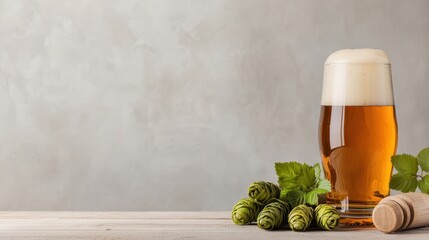 Fresh Ingredients for Home Brewing: Beer Glass with Hops and Herbs on Rustic Table
