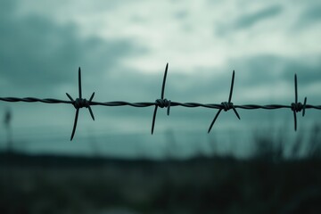 Barbed wire fencing under a moody sky rural landscape close-up photography dramatic atmosphere low angle view nature's resilience and tension