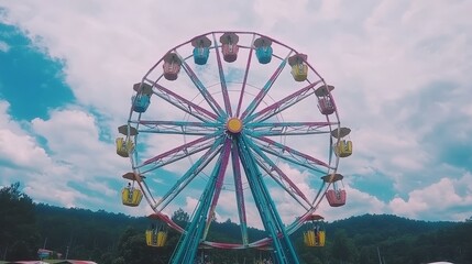 Fototapeta premium Colorful Ferris Wheel Against Cloudy Sky Scenic View