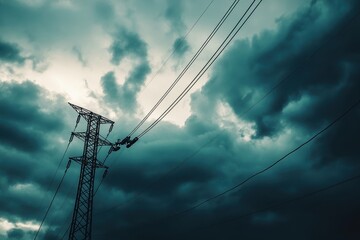 High-tension wire swaying in the wind against dark clouds power line infrastructure stormy environment dynamic viewpoint nature and technology concept