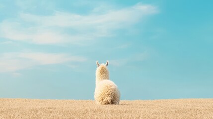 Fototapeta premium Fluffy Alpaca Gazing Into the Distance with Soft Fur Against a Serene Sky in a Dreamy Landscape
