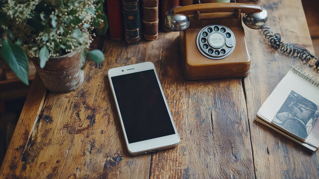 Sleek smartphone beside vintage rotary telephone on wooden table