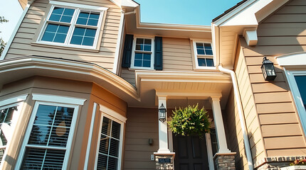 Elegant Home Exterior: Captivating Architecture and Design. Discover the beauty of this stunning house with its charming facade, inviting entrance, and meticulous landscaping.