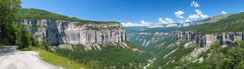 Naklejka premium Majestic mountain valley panorama, summer day, scenic view, travel postcard