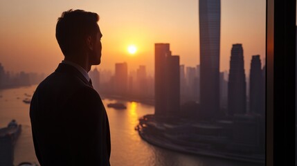 Fototapeta premium Shanghai Sunrise: A Businessman's Contemplative Moment