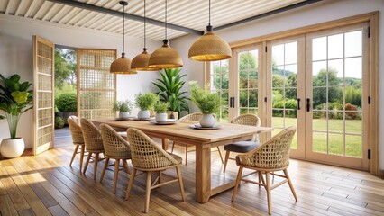 Bright and Inviting Dining Room with Wooden Table and Rattan Chairs - Conceptual Photography