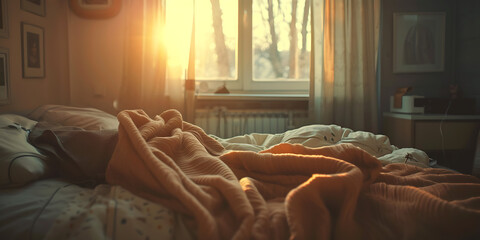 A messy bed with rumpled blankets in a sunlit room at dawn or sunset