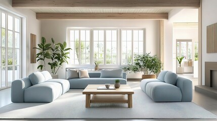 Light-Filled Living Room: A serene and minimalist living space with large windows showcasing the beauty of natural light.