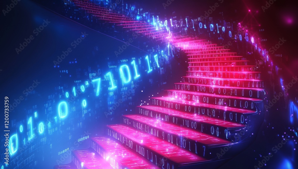 Fototapete glowing binary code staircase ascending into digital space.