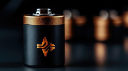Fototapeta premium Close-up of a cylindrical battery; dark background, blurred batteries. For technology articles