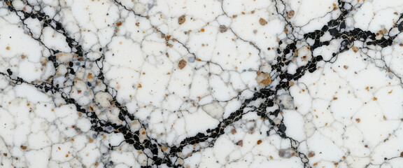 A close-up of a marble surface featuring black and gold veining.