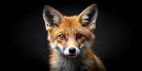 Fototapeta premium Captivating Minimalist Portrait of a Young Red Fox on Black Background - Wild Nature, Cute Features, and Stunning Contrast