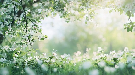 Springtime Bloom: Delicate white blossoms cascade from a vibrant tree, framing a sunlit landscape with a sense of ethereal beauty and renewal.
