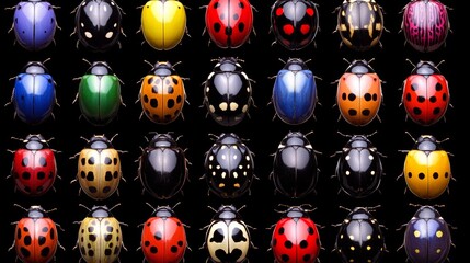 Obraz premium Colorful Ladybugs Arranged in Grid Pattern on Black
