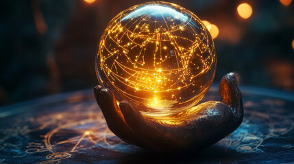 A crystal ball with glowing star charts, planetary diagrams, and astrology symbols swirling inside, offering glimpses of destiny