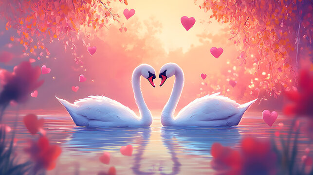 Art Romantic swan couple, Art love couple of swan, love concept, illustrations ,Generative ai
