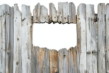 Hole in weathered gray wooden fence. (1)