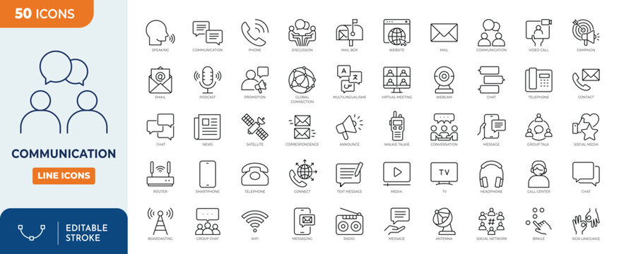 Communication icon set. Containing speak, phone, mail, contact, chat, website, satellite, radio, message and more. Outline Icon Collection. Vector illustration. Editable stroke	