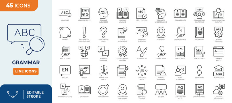 grammar icon set. containing Language Skills, Grammar Checkers, Pragmatic Understanding, rule, linguistic, morphology, and More. Outline Icon Collection. Vector illustration. Editable stroke	