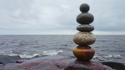 Fototapeta premium Balanced stones stack near sea under cloudy sky.