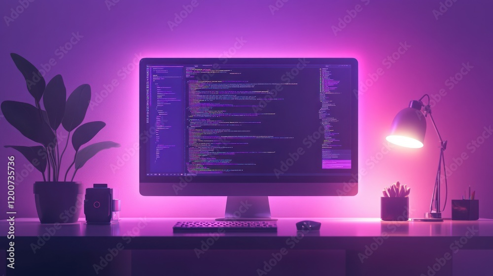Poster computer screen displaying code at night.