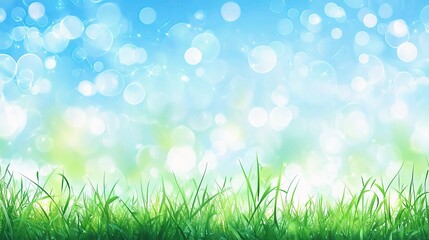 Obraz premium Springtime Bliss: A vibrant green grass field stretches towards a breathtaking sky, dotted with shimmering bokeh, evoking a sense of serenity and hope.