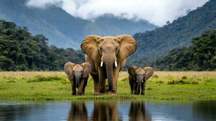 Fototapeta premium Majestic elephants standing by serene water body in lush sanctuary