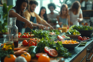 A group of people are preparing a meal together, with a variety of vegetables