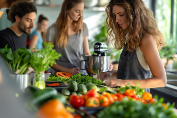 A woman is preparing a salad in a kitchen with other people