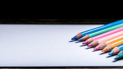 Colorful Pencils Arranged on White Paper Against Dark Background