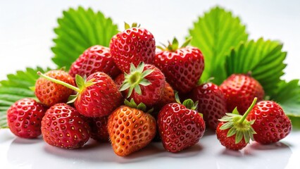 Obraz premium Juicy red Fragaria vesca, wild strawberries, pop against a stark white background; a captivating close-up.