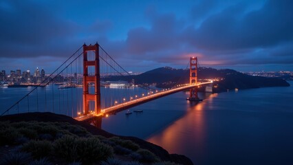 Fototapeta premium The iconic Golden Gate Bridge glows with vibrant orange lights against San Francisco's skyline, gracefully arching over a vast blue sea in an enchanting evening view