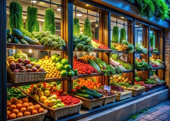 Local grocery's window, capturing fresh produce and the allure of window shopping in documentary style photography.