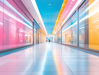 modern mall corridor with vibrant colors and sleek design, showcasing reflections and bright lighting