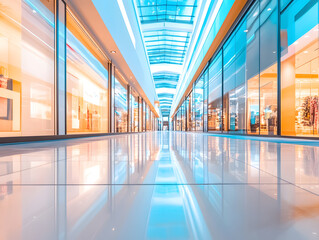Modern mall corridor with bright reflections and sleek design, showcasing vibrant shopping atmosphere