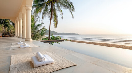 Plakat serene beachside view with palm trees and rolled towels at sunset