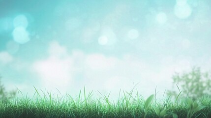 Obraz premium Serene Spring Meadow: A tranquil landscape featuring a vibrant green grass foreground with a soft-focus background of a hazy blue sky and blurred trees, evoking a sense of calm and peace. 