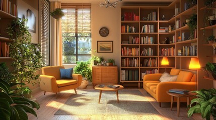 Cozy Psychologist Office with Warm Chairs and Inviting Shelves