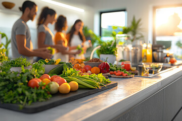 A group of people are gathered around a table full of fresh fruits