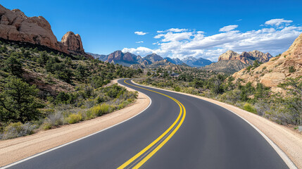 Naklejka premium Winding road through mountains with scenic views and blue sky