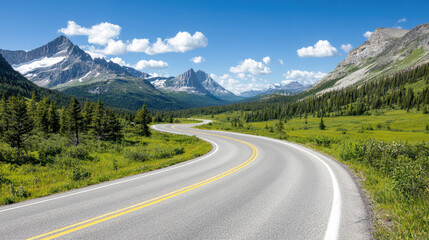 Winding road through lush mountains and vibrant greenery under blue sky