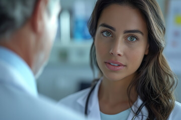 Fototapeta premium A woman in a white lab coat is talking to a man in a white lab coat