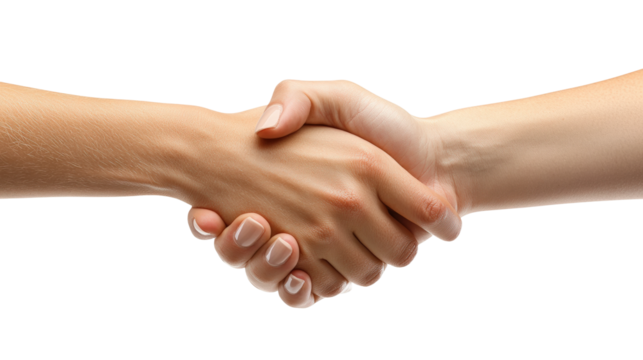 Two hands shaking in agreement symbolizing cooperation and partnership isolated on transparent background