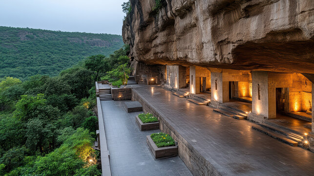Scenic view of Ajanta Caves with ancient rock cut architecture and greenery