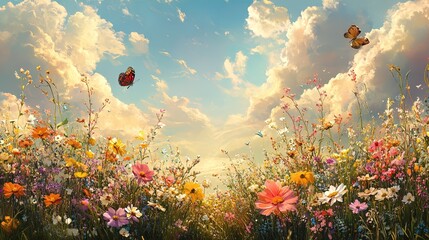 A whimsical meadow filled with wildflowers and butterflies under a bright, sunny sky