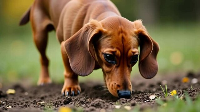 a dachshund dog. She stands on the ground and sniffs something on the ground.