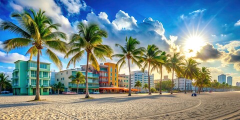 Naklejka premium Miami's South Beach: breathtaking oceanfront, Art Deco architecture, scenic coastal views, perfect summer escape.