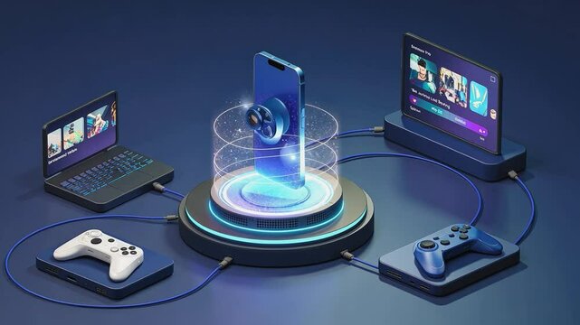 Centralized Entertainment Hub: A sleek smartphone takes center stage, acting as a central hub for a network of devices, including laptops, tablets, and game controllers.