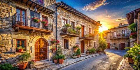 Obraz premium Elegant Stone House with Balconies Bathed in Warm Sunlight on a Serene Street
