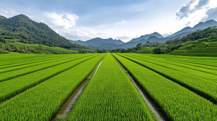Lush green rice terraces with mountains and blue sky backdrop